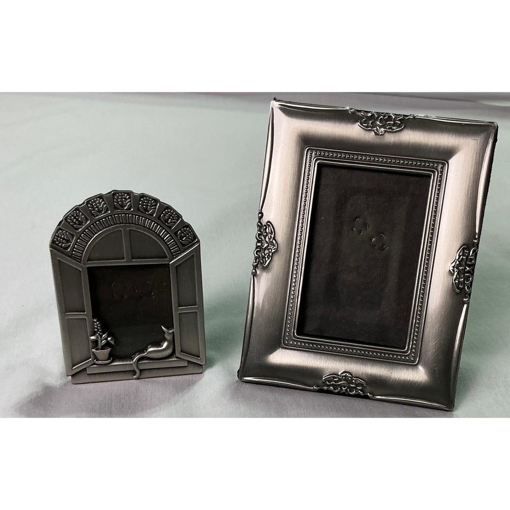 Vintage Metal‎ Mini Picture Frames Lot of 2 Cat Window & Ornate Rectangle 2x3